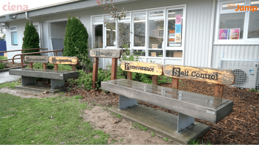 Benches and school values on wooden signs outside a school building